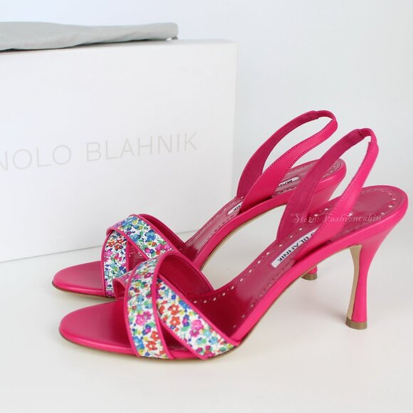 NEW MANOLO BLAHNIK Floral Leather Slingback Sandals - Work to Dinner Summer Heel - Picture 1 of 13